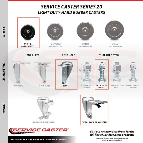 Service Caster 3 Inch SS Hard Rubber Swivel 3/8 Inch Threaded Stem Caster Lock Brake SCC, 2PK SCC-SSTSTTL20S314-HRS-381615-2-S2 - main